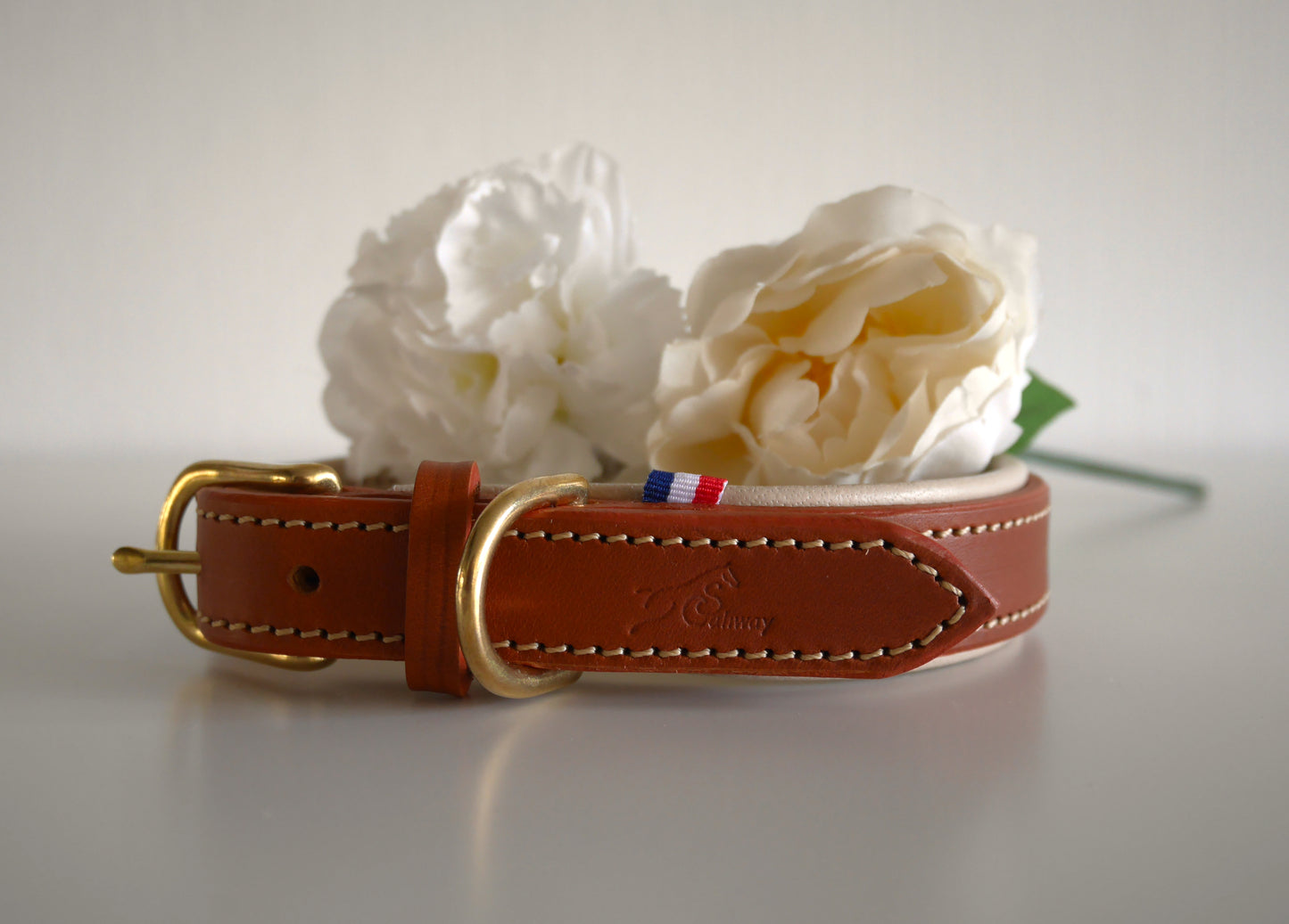 Collier cuir chien cognac et beige - Caliway