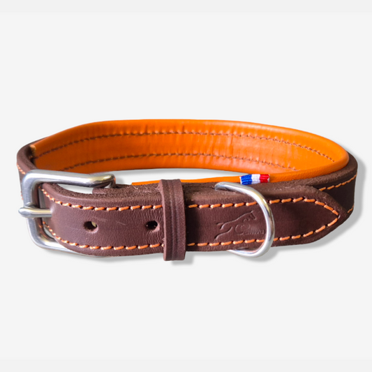 Collier chien en cuir havane et orange - Caliway