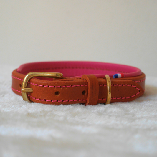 Collier cuir chien cognac et rose - Caliway