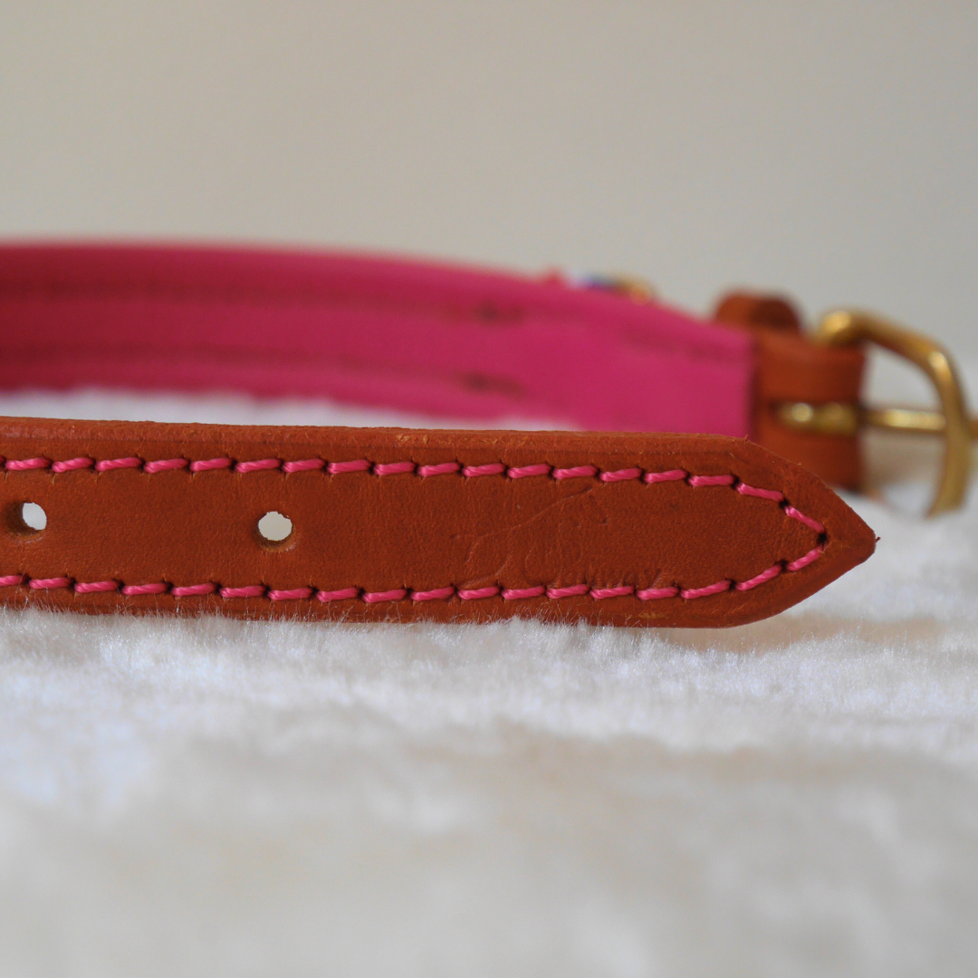 Collier cuir chien cognac et rose - Caliway