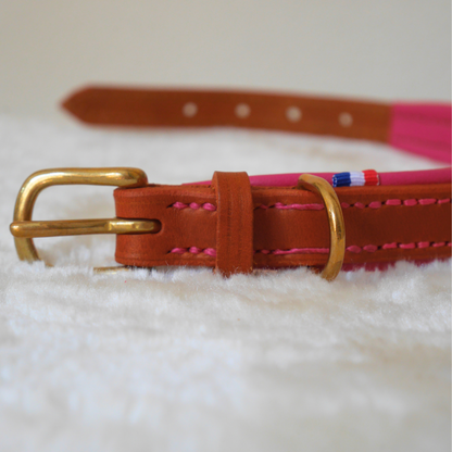 Collier cuir chien cognac et rose - Caliway