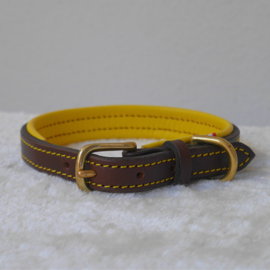 Collier chien en cuir havane et jaune - Caliway