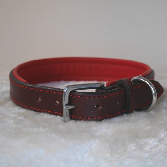 Collier chien en cuir havane et rouge - Caliway