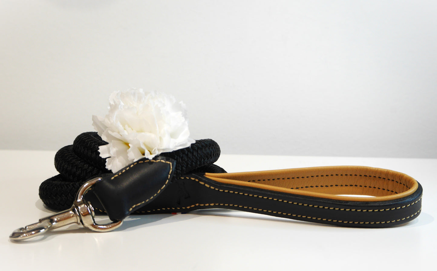 Laisse cuir et corde chien noire et beige - Caliway